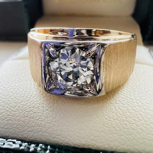Vintage men’s unisex 14k yellow gold antique GIA .96ct H VVS2 old European cut diamond solitaire ring