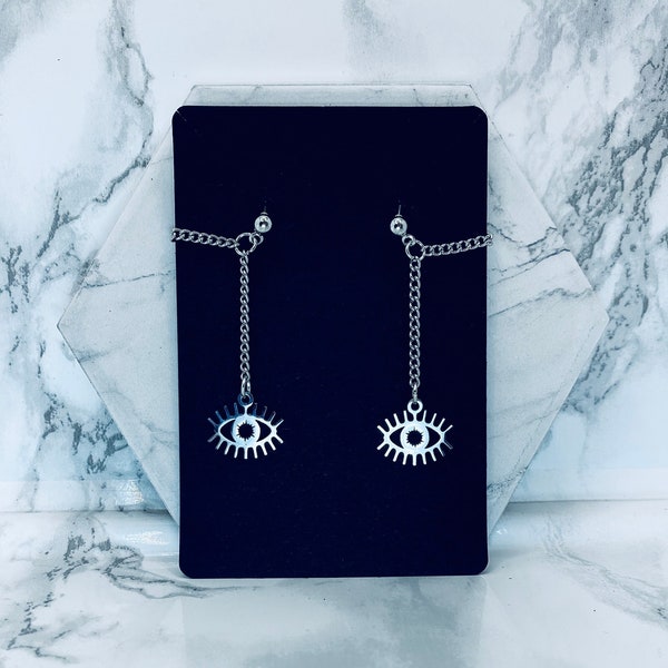 Evil Eye charm ball stud chain loop dangle earrings