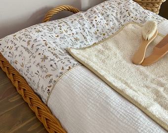 Housse de matelas à langer en double gaze de coton écru et Liberty® Théo  gold moutarde -  France