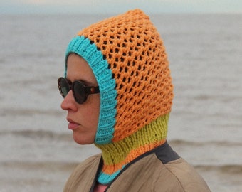 Multicoloured Demi - season Papaya balaclava hat,mango socky balaclava knit beanie,knit helmet,knit hat,crochet balaclava