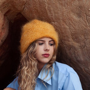 Hand Knitted Mohair Beanie Hat in Mustard yellow image 1