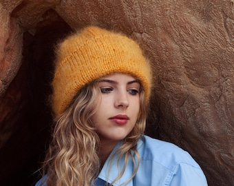 Hand - Knitted Mohair Beanie Hat in Mustard yellow