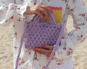 Сoarse knitted crossbody bag in lilac lavender , tote bag