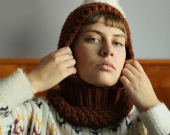 Balaclava Woolen hat in teddy brown ,mango socky balaclava knit beanie,knit helmet,knit hat,crochet balaclava, knitted hood