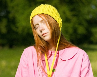 Adult Cotton Crochet Bow Tie Bonnet in yellow