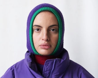 Cappello di lana passamontagna viola multicolore, berretto in maglia passamontagna mango socky, casco in maglia, cappello in maglia, passamontagna all'uncinetto, cappuccio lavorato a maglia