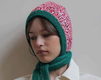 Hand - Knitted Melange Chunky Bow Tie Bonnet Hat in Pink and Emerald Green