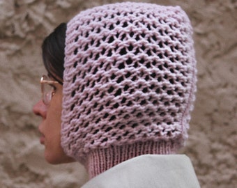 Demi - saison Chapeau Balaclava en rose poudré, bonnet en tricot cagoule socky mangue, casque tricoté, chapeau tricoté, cagoule au crochet, capuche tricotée