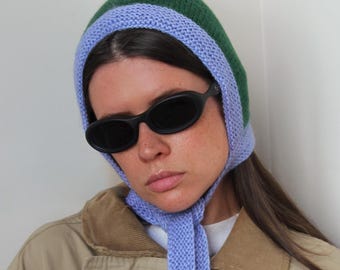 Hand-knitted Adult Bow Tie Chunky Bonnet hat in Green and Baby Blue
