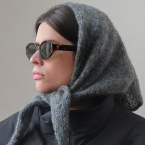 Hand knitted Mohair Headscarf in Charcoal Gray,kerchief knitted,headscarf wool image 1