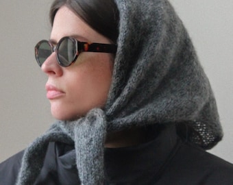 Hand - knitted Mohair Melange Headscarf in Charcoal Gray.