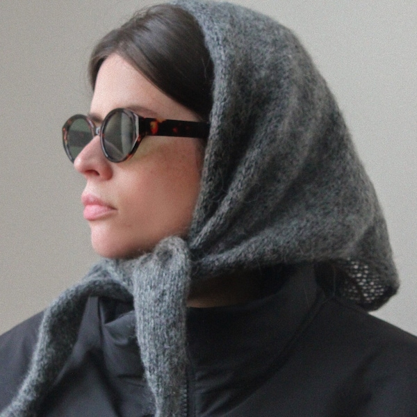 Hand - knitted Mohair Melange Headscarf in Charcoal Gray.