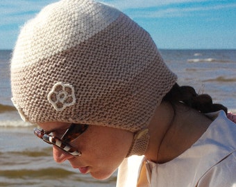 Aviator Bonnet Hat with crochet flowers in camel beige