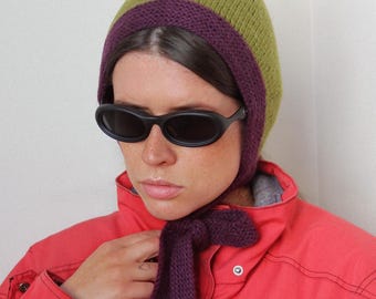 Hand-knitted Adult Bow Tie Chunky Bonnet hat in Purple and Khaki Green