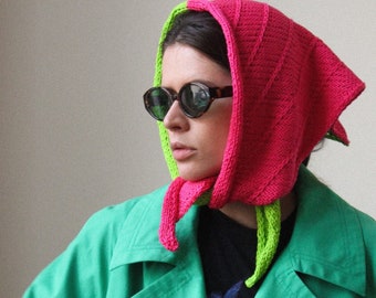 Hand - knitted Bicolour Headscarf in Poison Green & Fuscia Pink ,kerchief knitted,headscarf wool