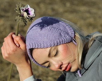 Handknitted Adult Bow Tie Bonnet in powder lilac, tie headband, headband