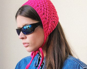 Hand - knitted Demi - Season Adult Bow Tie Mesh Bonnet Headband in hot pink, tie headband, headband