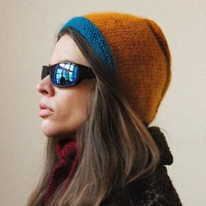 Hand-knitted Adult Bow Tie Bonnet hat in dull multicolor