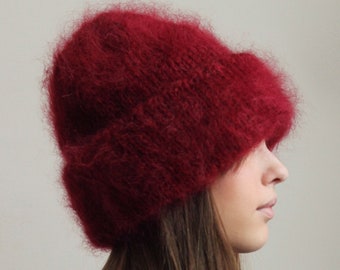 Hand - Knitted Premium Mohair Beanie Hat in Burgundy