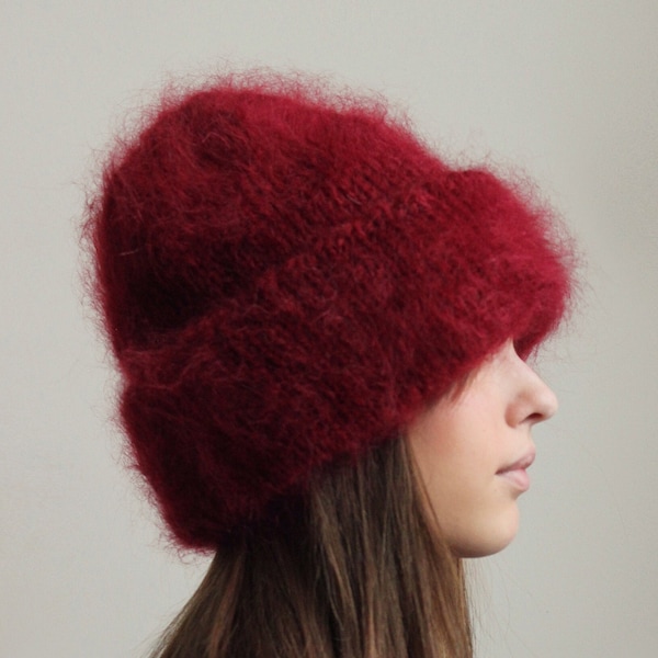 Hand - Knitted Premium Mohair Beanie Hat in Burgundy