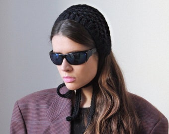 Hand - knitted Demi - Season Adult Bow Tie Mesh Bonnet Headband in black, tie headband, headband