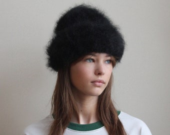 Hand - Knitted Premium Mohair Beanie Hat in Black