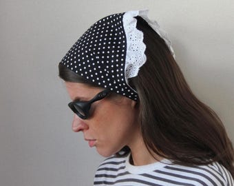 Polka Dot Lace Headscarf in Black,summer kerchief,summer headscarf,sunhat,cotton headscarf