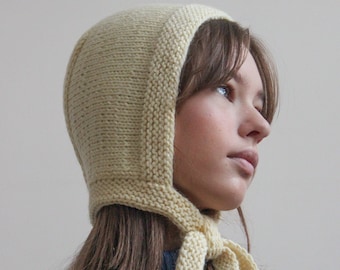 Hand-knitted Adult Bow Tie Bonnet hat in Light Yellow