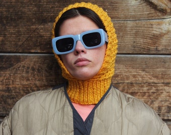 Demi - season balaclava hat in yellow yolk ,mango socky balaclava knit beanie,knit helmet,knit hat,crochet balaclava, knitted hood