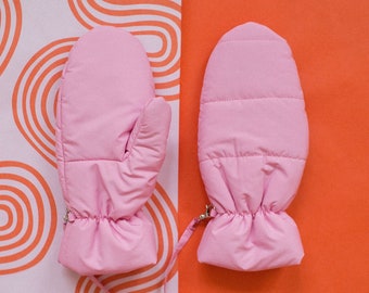 Puffer Mittens on Strings in Light Pink