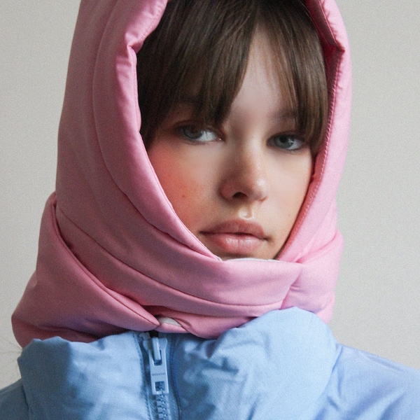 PILLOW HEADSCARF - Balaclava in Pink ,scarf quilted shawl bandana shawl puffer, babyshka style Quilted Headscarf, the bear