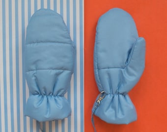 Puffer Mittens on Strings in Baby Blue
