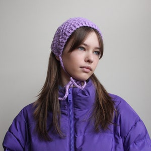 Hand knitted Demi Season Adult Bow Tie Mesh Bonnet Headband in Lilac, tie headband, headband image 2