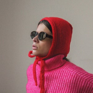 Hand-knitted Adult Bow Tie Bonnet hat in Hot Red
