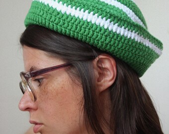 Crochet Premium Cotton Striped Marin Hat in Green & White, pillbox hat,summer hat,summer headwear,sailor hat,vacation hat,Yacht getaway