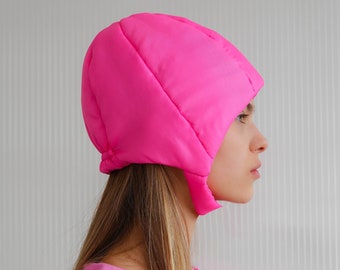 Pillow Puffer Quilted Aviator Helmet Cap Bonnet on a button in Hot Pink