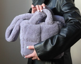 Faux Fur Fluffy PILLOW PUFFER essential bag in powder lilac , tote bag, shoulder bag