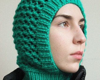 Hand - knitted Demi - season balaclava hat in green,mango socky balaclava knit beanie,knit helmet,knit hat,crochet balaclava