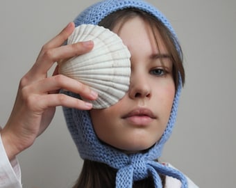 Hand-knitted Adult Bow Tie Bonnet hat in Light Blue