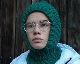 Balaclava Woolen hat in emerald green,mango socky balaclava knit beanie,knit helmet,knit hat,crochet balaclava, knitted hood