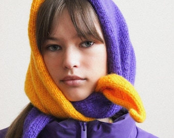 Hand - knitted Bicolour Mohair Headscarf in Rich Amber Yellow & Purple,kerchief knitted,headscarf wool