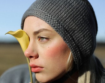 Hand-knitted Adult Bow Tie Bonnet hat in gray