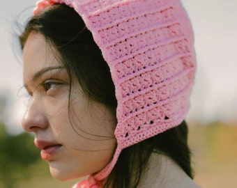 Bonnet avec nœud papillon en crochet en coton pour adulte en rose