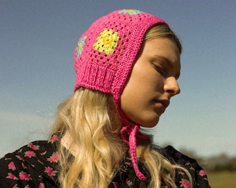 Patchwork Granny Square Adult Crochet Bow Tie Bonnet in pink and multi colour, patchwork crochet cotton hat
