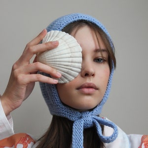 Hand-knitted Adult Bow Tie Bonnet hat in Light Blue image 1