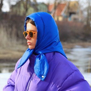 PILLOW HEADSCARF Balaclava in Rich Blue ,scarf quilted shawl bandana shawl puffer, fashion shawl 2022,babyshka style Quilted Headscarf image 1