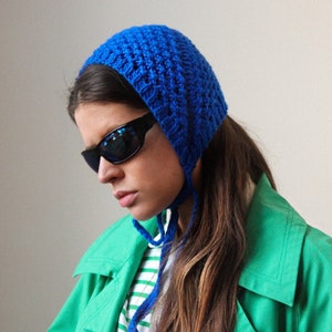 Hand knitted Demi Season Adult Bow Tie Mesh Bonnet Headband in Blue, tie headband, headband image 1