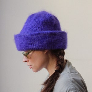 Hand Knitted Mohair Beanie Hat in Rich Purple image 1