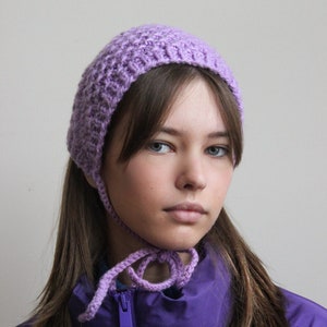 Hand knitted Demi Season Adult Bow Tie Mesh Bonnet Headband in Lilac, tie headband, headband image 1