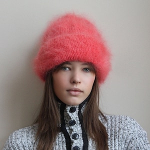 Hand Knitted Premium Mohair Beanie Hat in Coral image 1